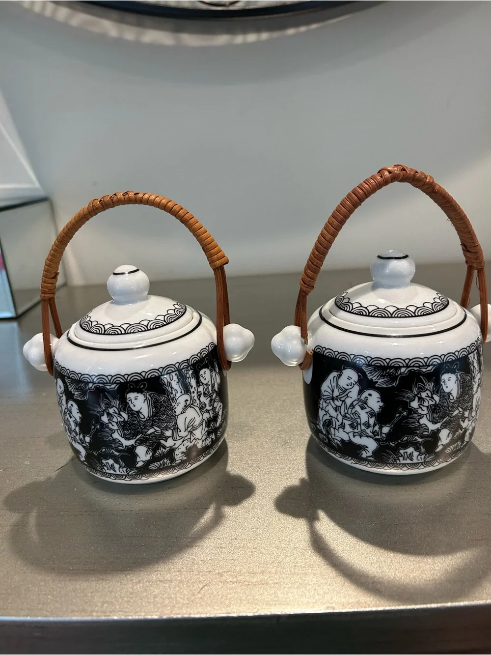 Black & White Porcelain Sugar/Jar Set with Woven Handles